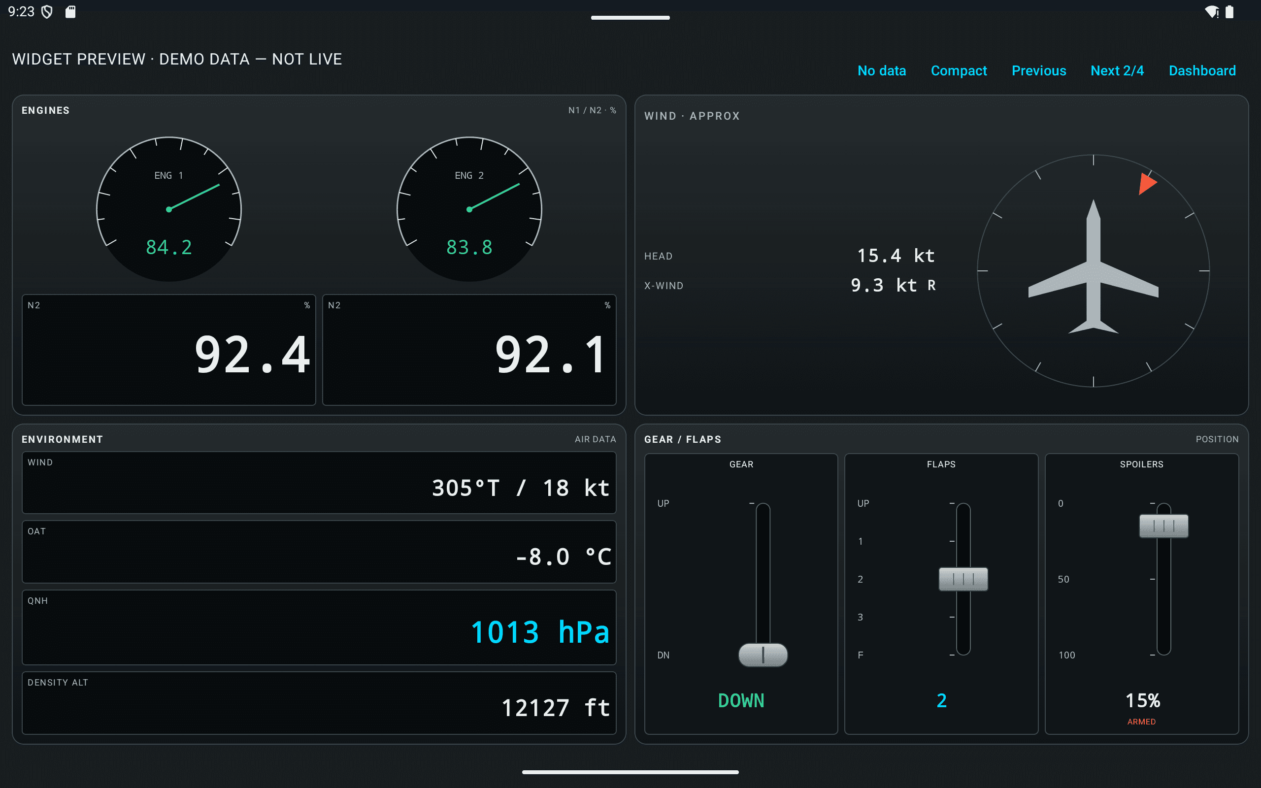 FlightCockpit Android development preview with engine gauges, wind, weather and horizontal gear, flaps and spoiler indicators; demonstration values.